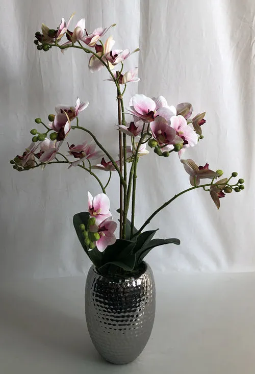 45cm H Double Stems Pink Plastic Orchid in Cement Pot