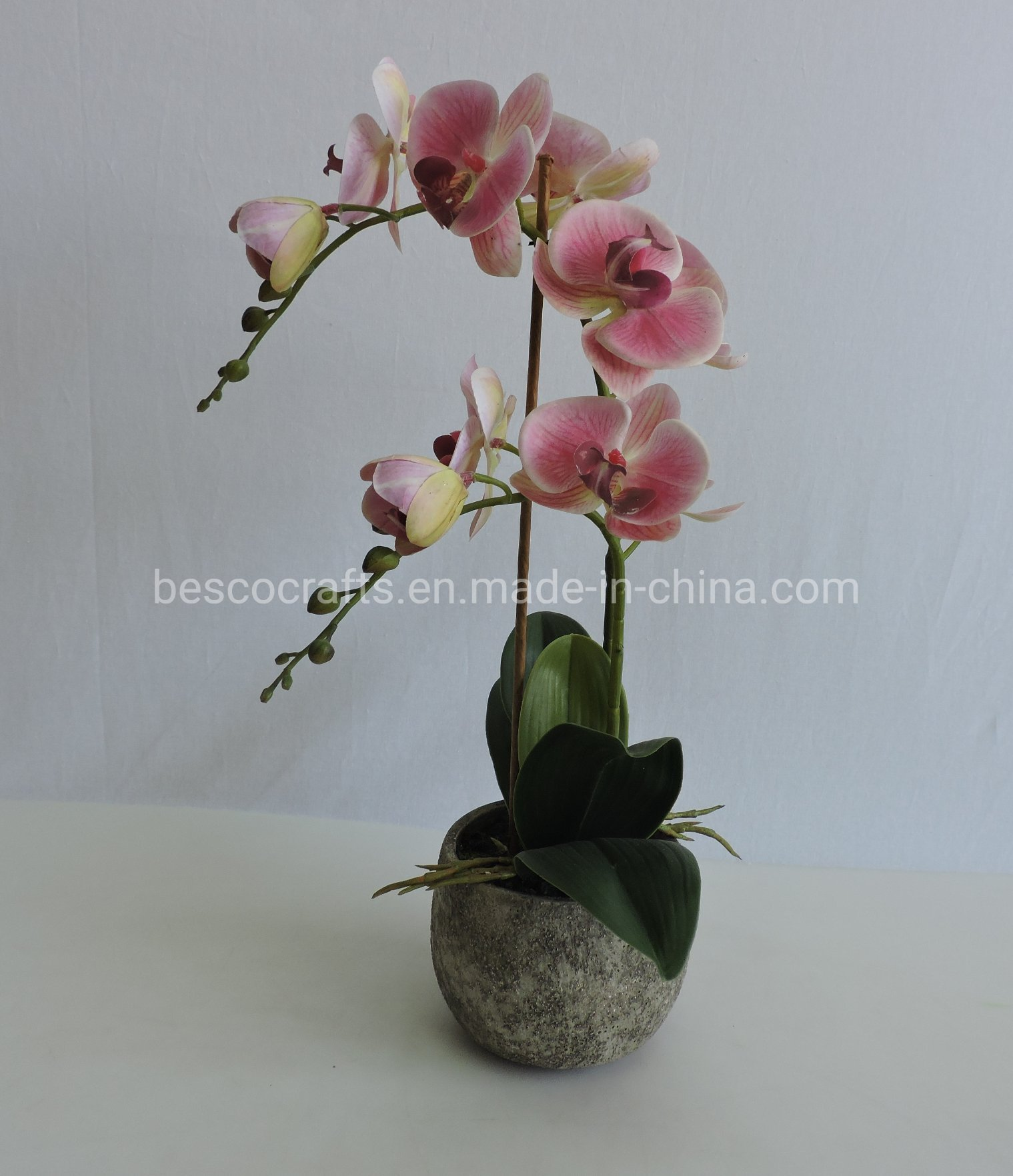 45cm H Double Stems Pink Plastic Orchid in Cement Pot