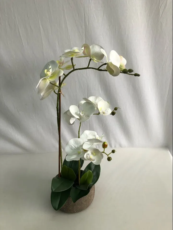 45cm H Double Stems Pink Plastic Orchid in Cement Pot