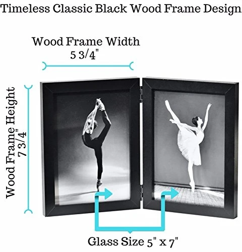 5X7 Inch Hinged Dual Picture Wood Photo Frames with Glass Front - Displays Collage Folding Picture Frame