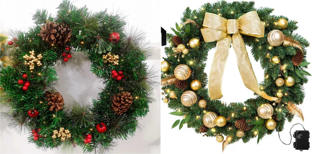 60cm Decorative Wreath Red Bow Golden Flower Balls Hawthorn Pine Cone Christmas Wreaths