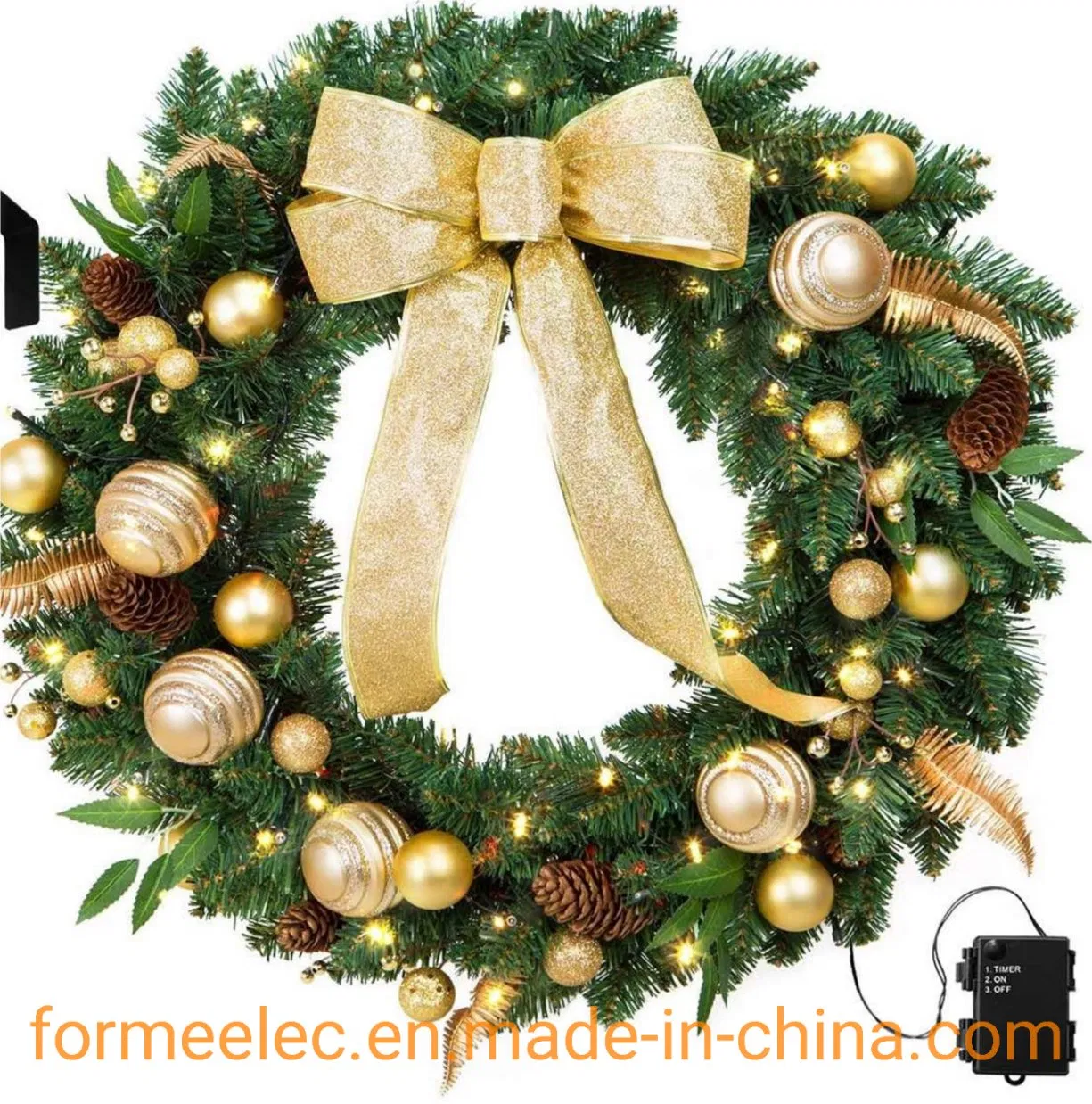 60cm Decorative Wreath Red Bow Golden Flower Balls Hawthorn Pine Cone Christmas Wreaths