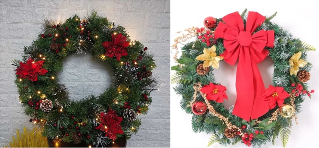 60cm Decorative Wreath Red Bow Golden Flower Balls Hawthorn Pine Cone Christmas Wreaths