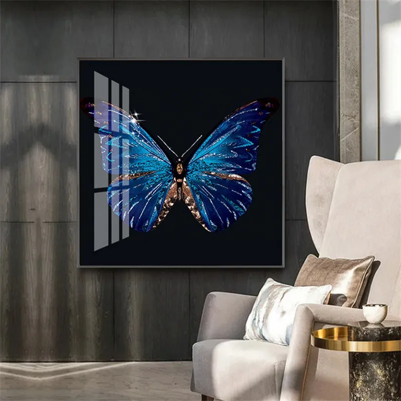 Aluminum Alloy Frame Crystal Porcelain Picture Blue Butterfly Living Room Bedroom Porch Decoration Picture Hanging Picture