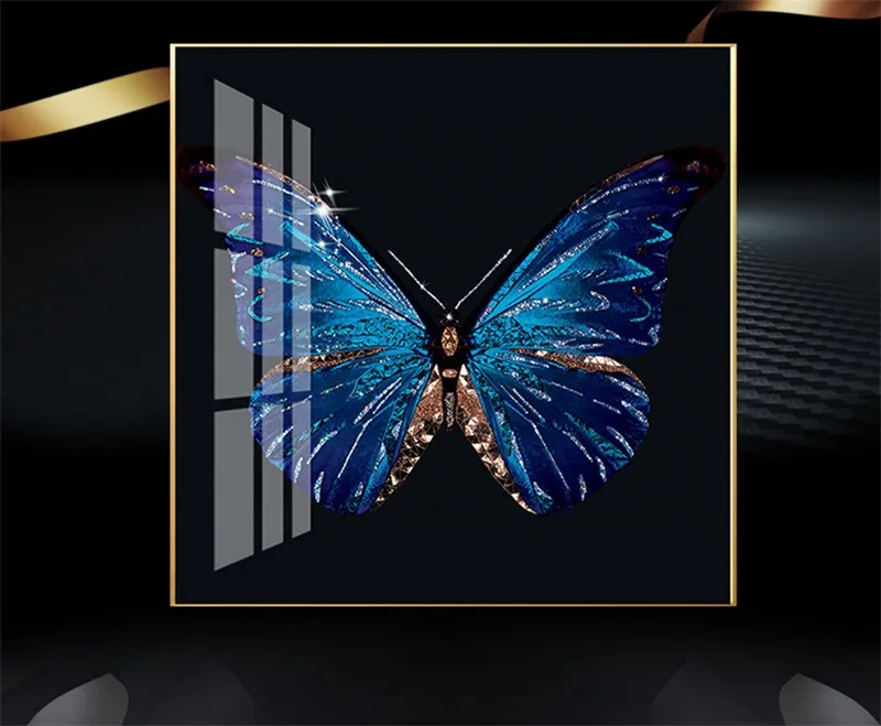 Aluminum Alloy Frame Crystal Porcelain Picture Blue Butterfly Living Room Bedroom Porch Decoration Picture Hanging Picture