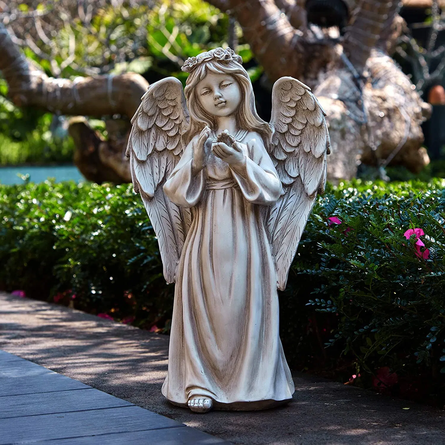 Battery Powered LED Flower Lights Angel Girl with Dove Statue