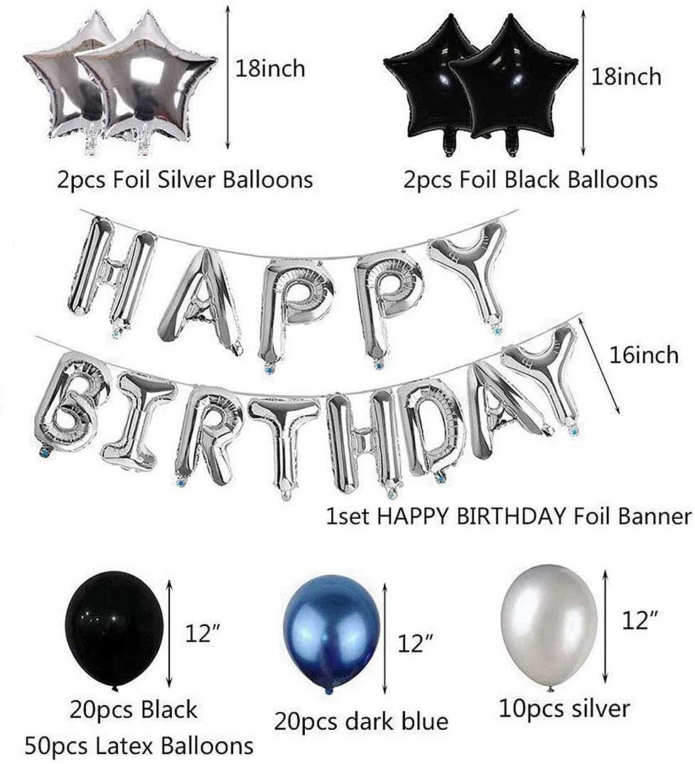 Blue Black Silver Latex Balloon Happy Birthday Banner Party Decor for Men