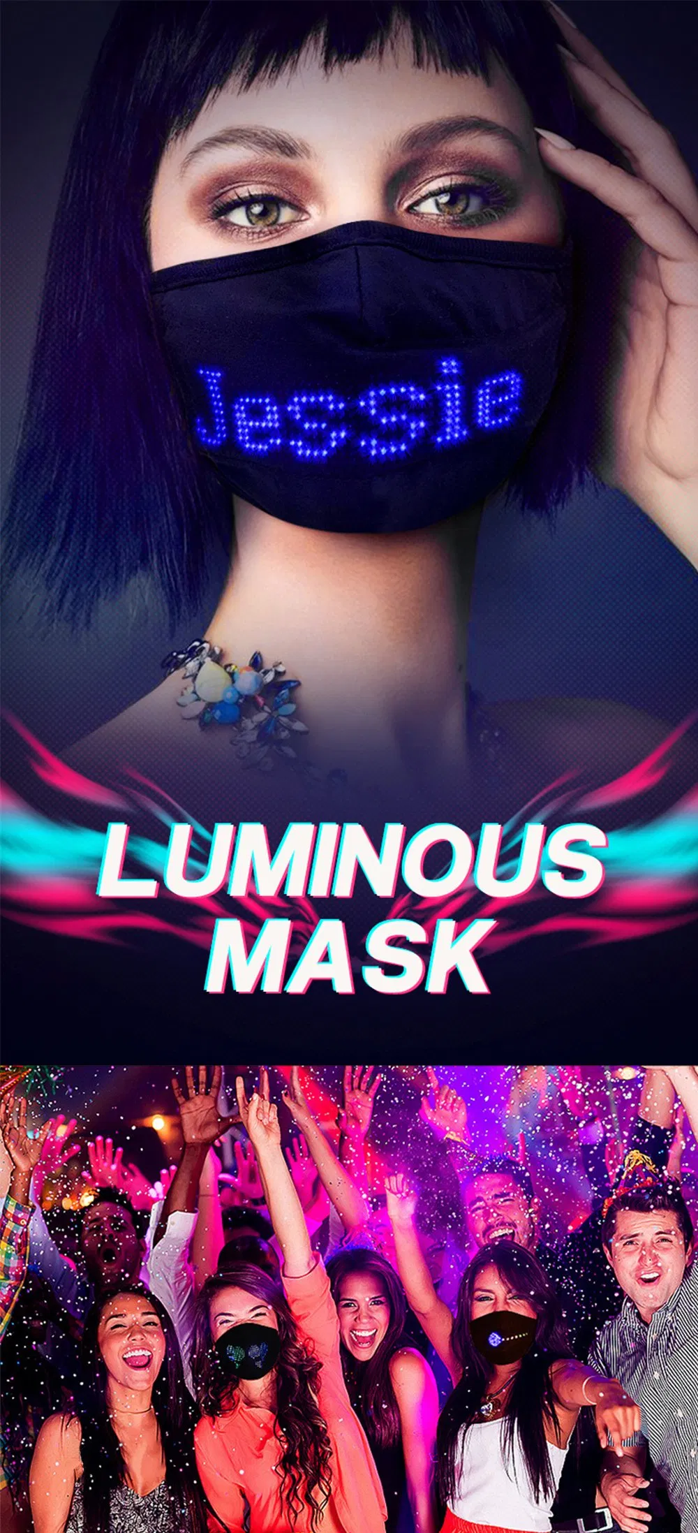 Bluetooth LED Flashing Mask for Christmas Rave Party Rechargeable LED Display Mask
