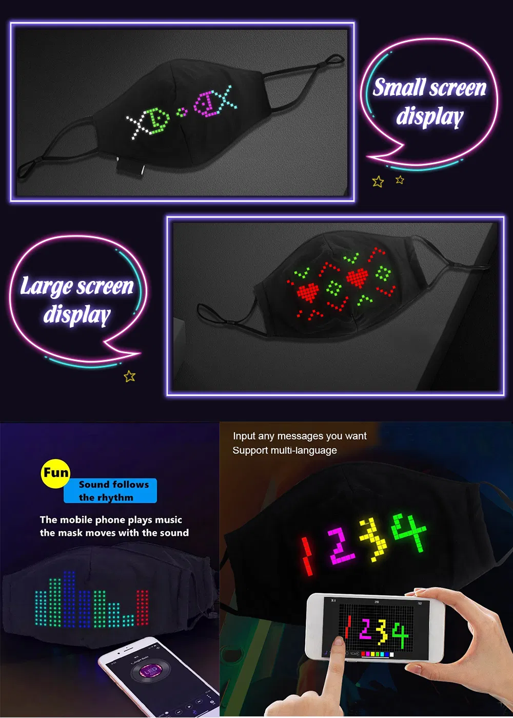 Bluetooth LED Flashing Mask for Christmas Rave Party Rechargeable LED Display Mask