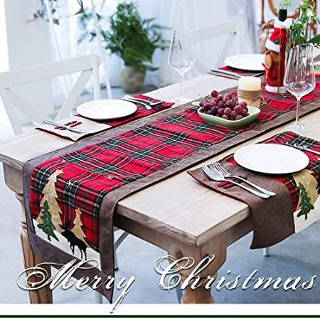 Christmas Table Runners Tree and Deer Table Runner for Family Christmas Holiday Table Christmas Dinner Party Table Decoration (Tree and Deer)