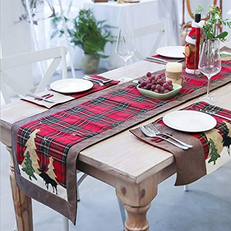 Christmas Table Runners Tree and Deer Table Runner for Family Christmas Holiday Table Christmas Dinner Party Table Decoration (Tree and Deer)