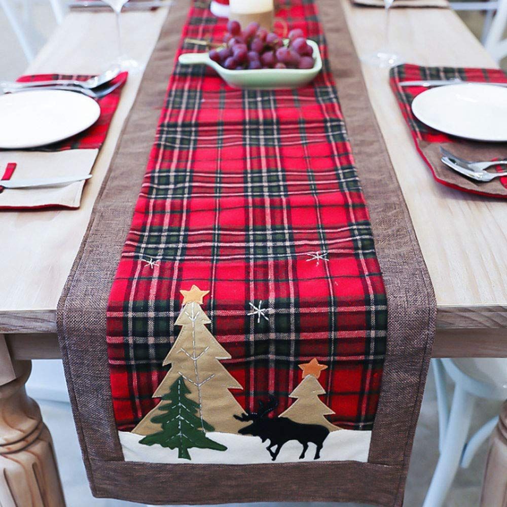 Christmas Table Runners Tree and Deer Table Runner for Family Christmas Holiday Table Christmas Dinner Party Table Decoration (Tree and Deer)