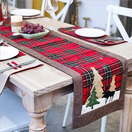 Christmas Table Runners Tree and Deer Table Runner for Family Christmas Holiday Table Christmas Dinner Party Table Decoration (Tree and Deer)