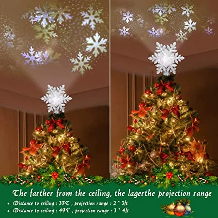 Christmas Tree Topper Lighted with White Snowflake Projector, LED Rotating Snowflake, 3D Glitter Lighted Sliver Snow Tree Topper for Christmas Tree Decorations