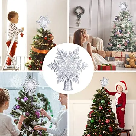 Christmas Tree Topper Lighted with White Snowflake Projector, LED Rotating Snowflake, 3D Glitter Lighted Sliver Snow Tree Topper for Christmas Tree Decorations