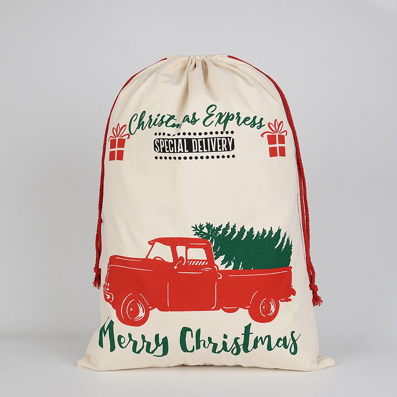 Custom Xmas Truck Pattern 100% Natural Cotton Drawstring Canvas Christmas Santa Sack for Stocking Present Gift
