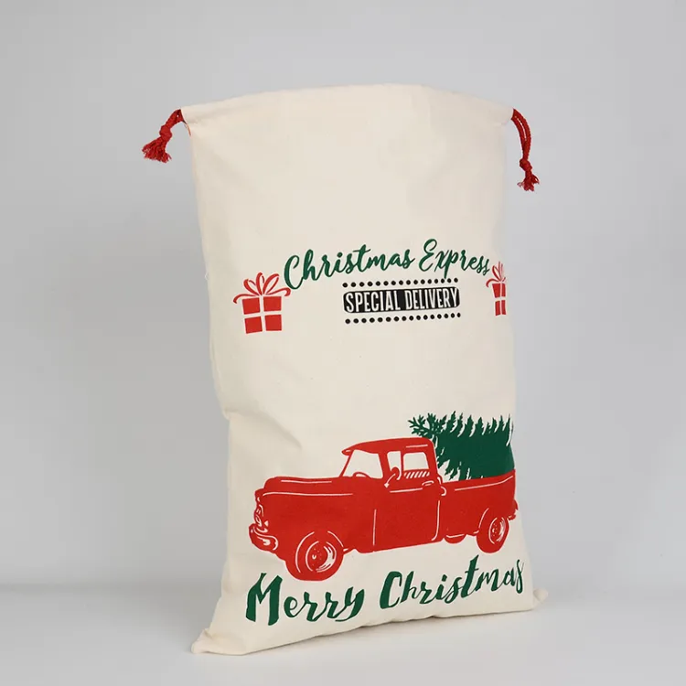 Custom Xmas Truck Pattern 100% Natural Cotton Drawstring Canvas Christmas Santa Sack for Stocking Present Gift