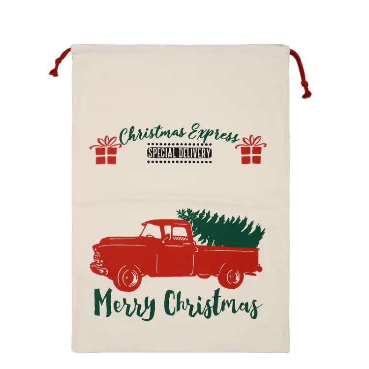 Custom Xmas Truck Pattern 100% Natural Cotton Drawstring Canvas Christmas Santa Sack for Stocking Present Gift