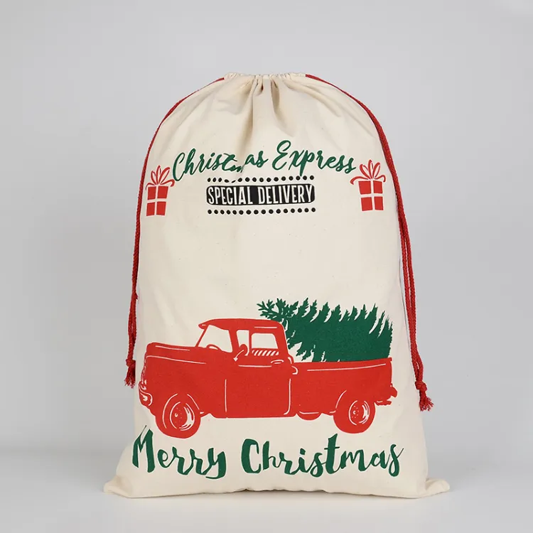 Custom Xmas Truck Pattern 100% Natural Cotton Drawstring Canvas Christmas Santa Sack for Stocking Present Gift