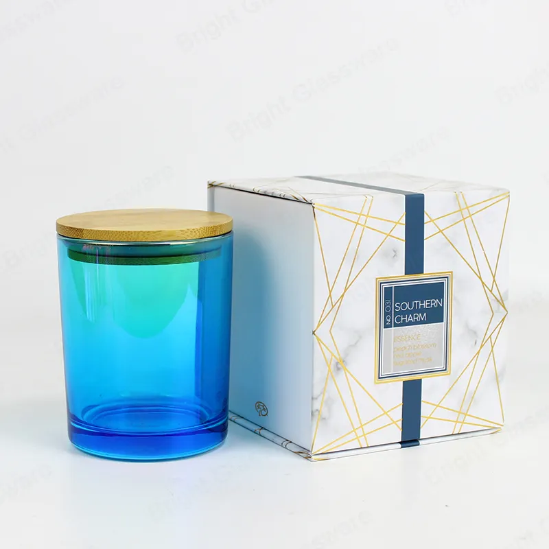 Electrophoresis Shining Blue Glass Candle Jar with Bamboo Lid
