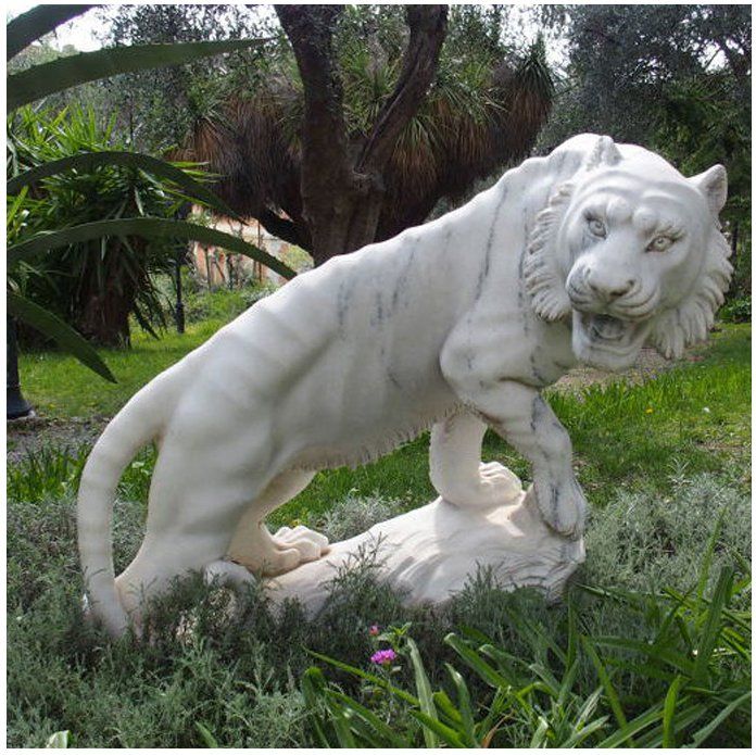 Ferocious Tiger Statue Natural Marble Stone Sculpture for Garden Decor