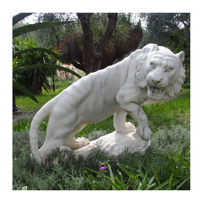 Ferocious Tiger Statue Natural Marble Stone Sculpture for Garden Decor