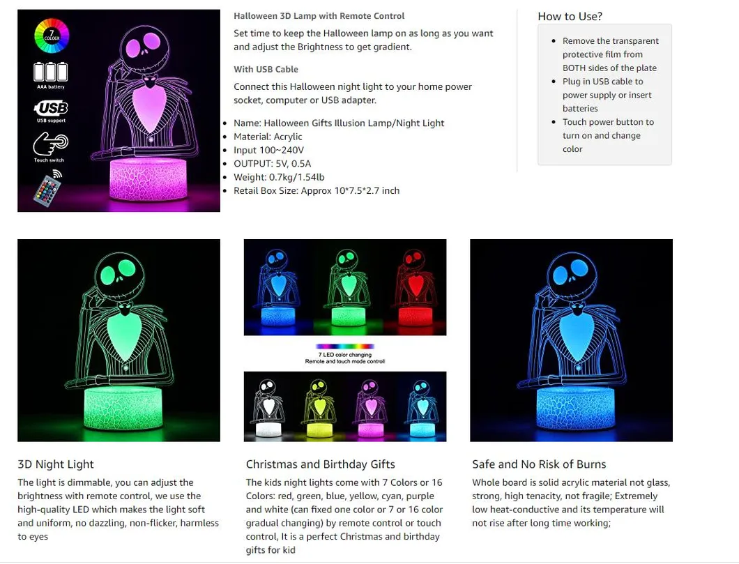 Halloween Town Pumpkin King Jack Skellington 3D Illusion Night Light Gifts, Control Halloween Decor for Kids