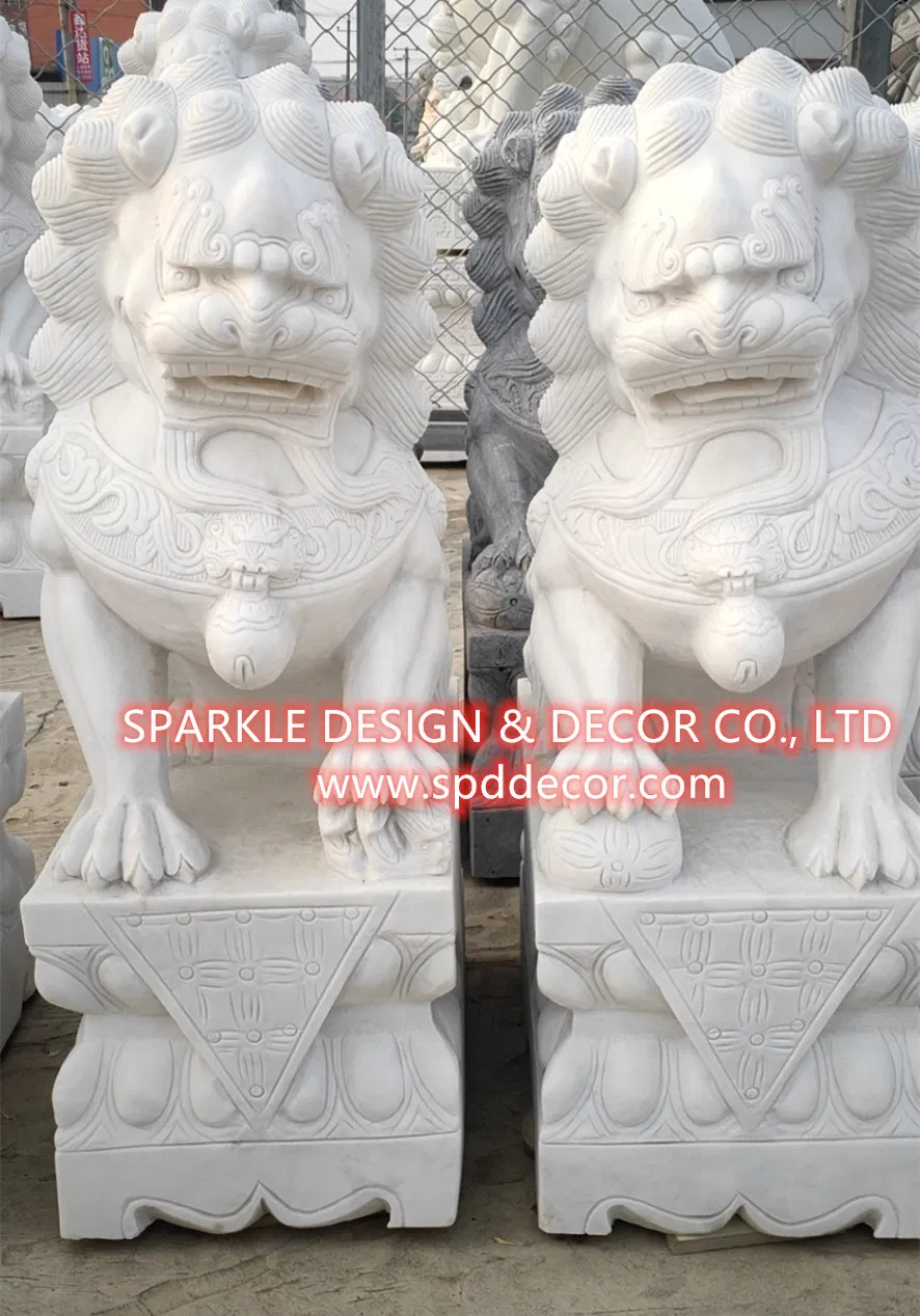 Hand Carved Foo Dog Animal Sculpture White Marble Statue for Garden Doorway Decoration