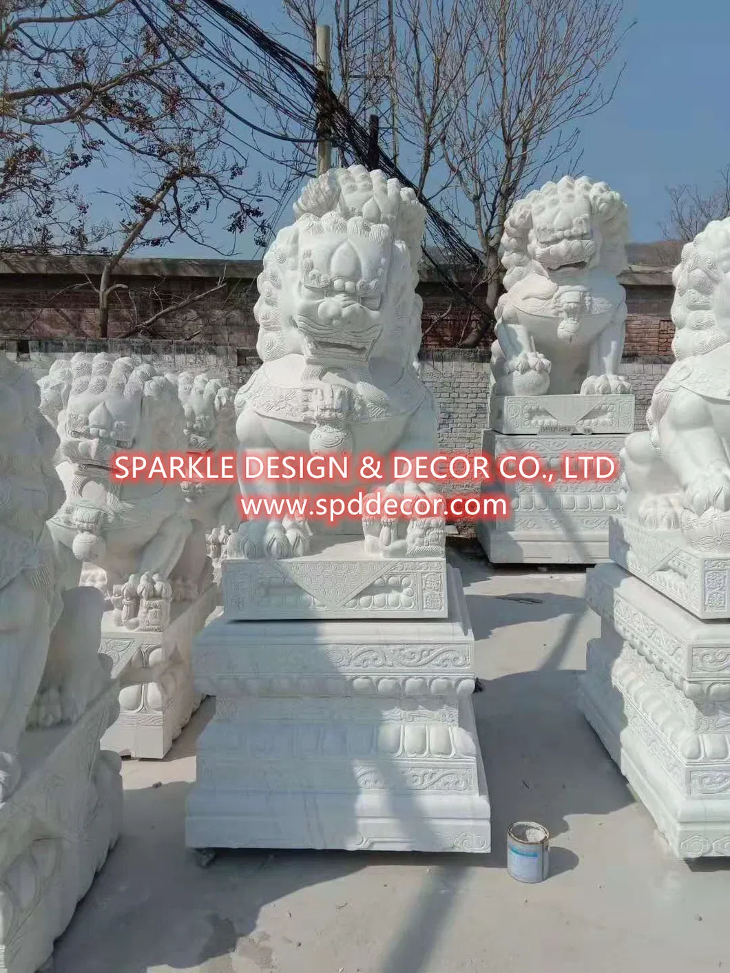 Hand Carved Foo Dog Animal Sculpture White Marble Statue for Garden Doorway Decoration