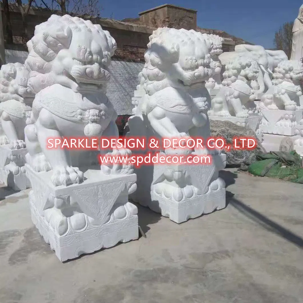 Hand Carved Foo Dog Animal Sculpture White Marble Statue for Garden Doorway Decoration