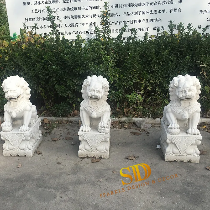 Hand Carved Foo Dog Animal Sculpture White Marble Statue for Garden Doorway Decoration