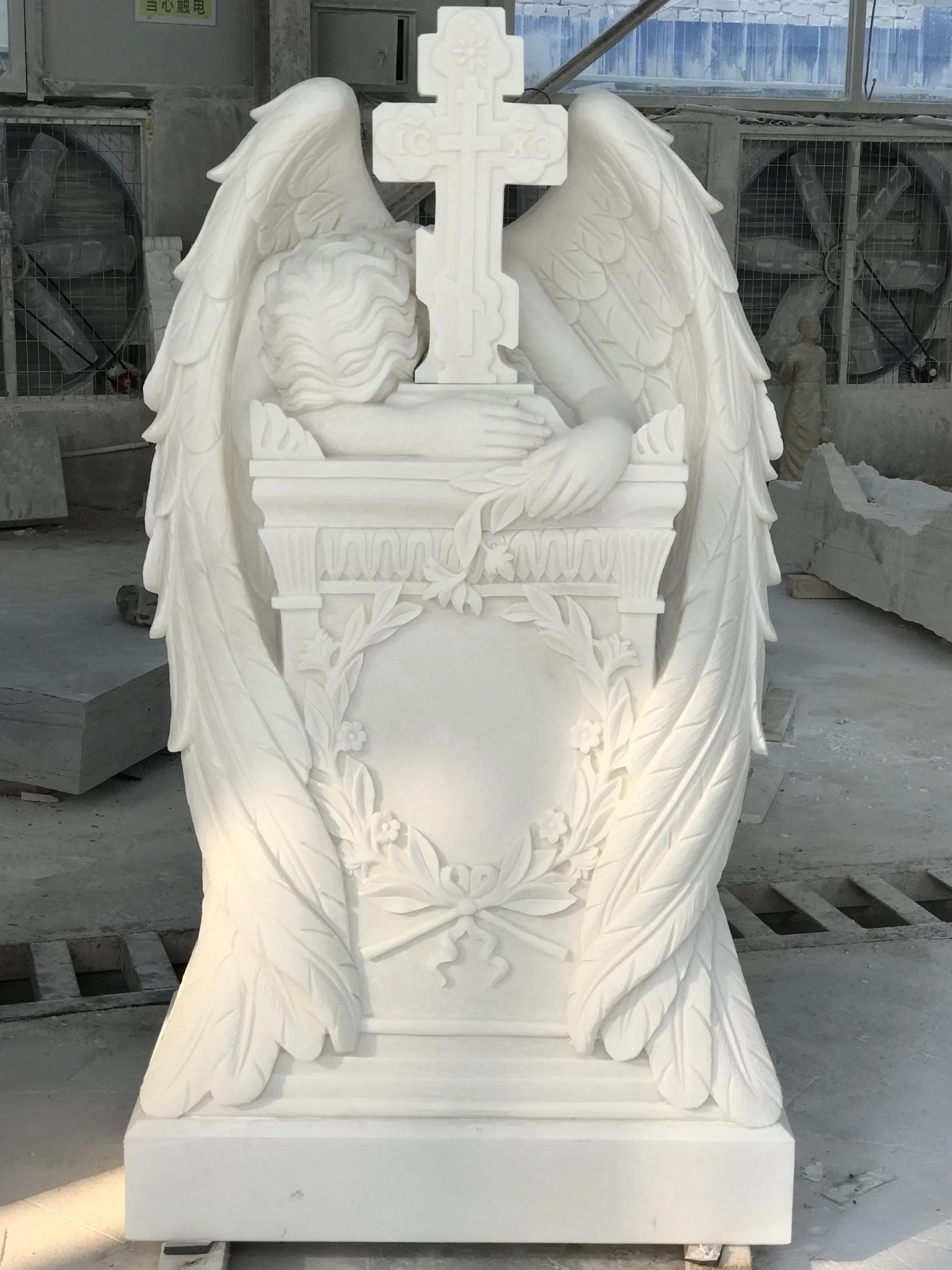 Hand-Carved Natural Stone Granite Headstone White Marble Kneeling Angel Tombstone