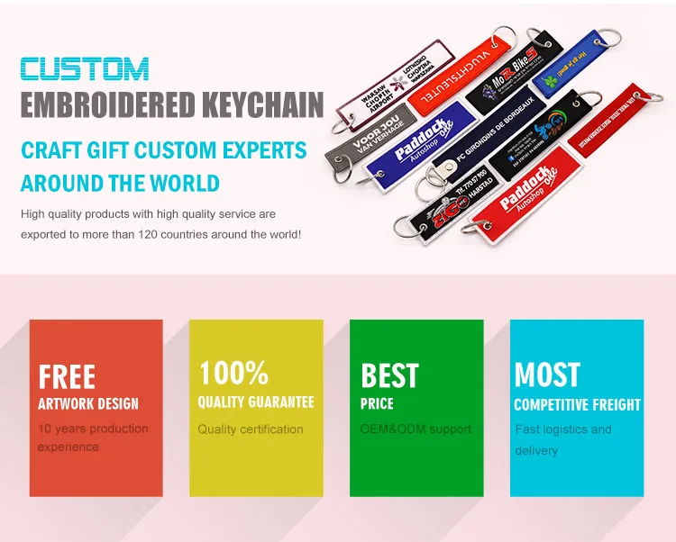 High Quality Personalized Custom Promotional Fabric Woven Keychain Patch Key Tag Key Strap Keyfob Airplane Key Ring Embroidered Patch Key Holder