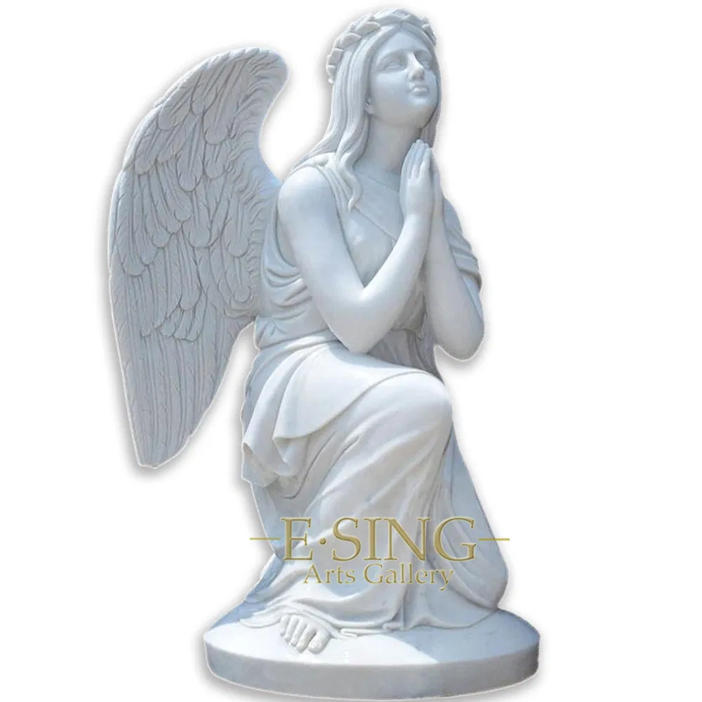 Large White Marble Kneeling Weeping Angel with Wing Headstone Statue Tombstone