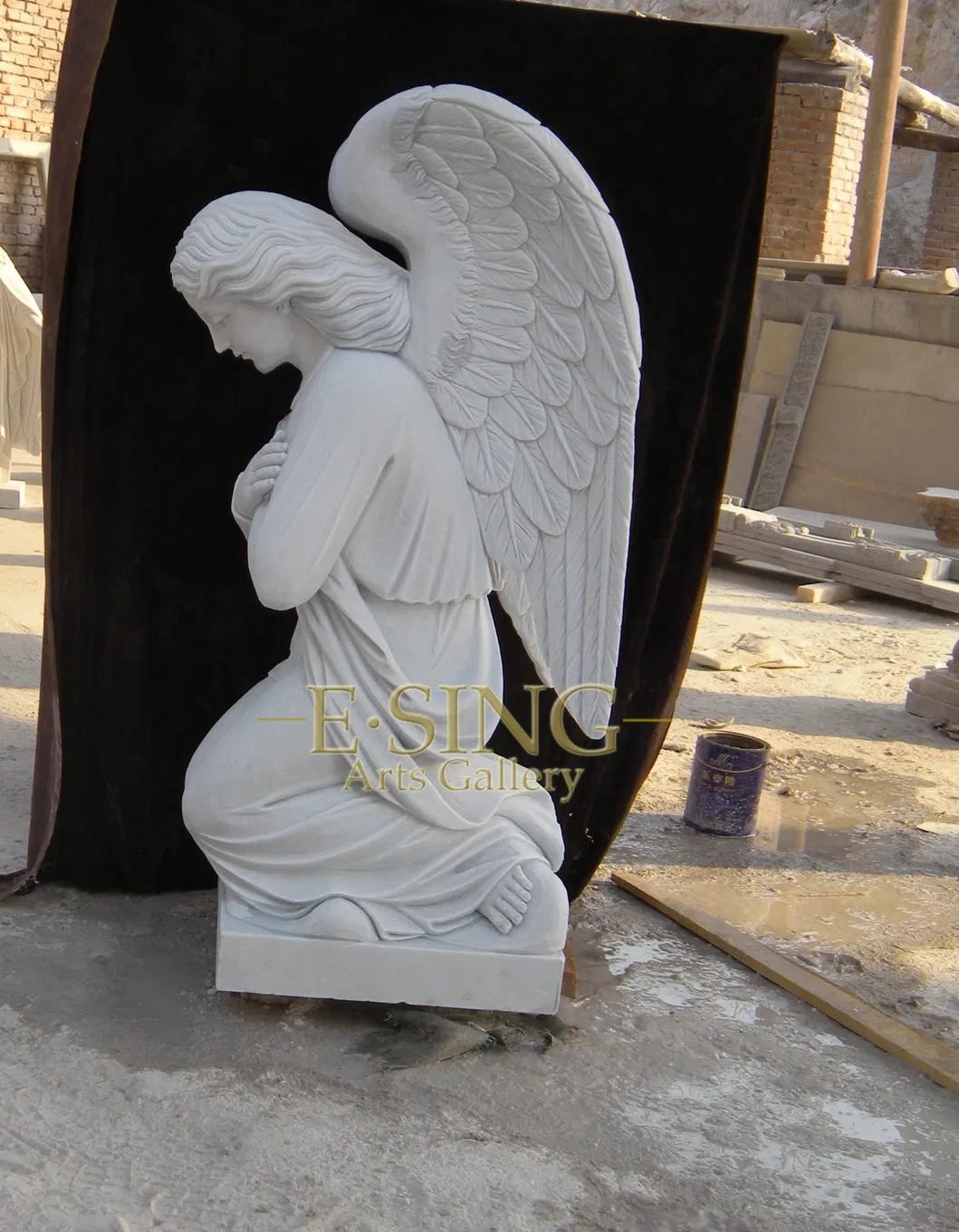 Large White Marble Kneeling Weeping Angel with Wing Headstone Statue Tombstone