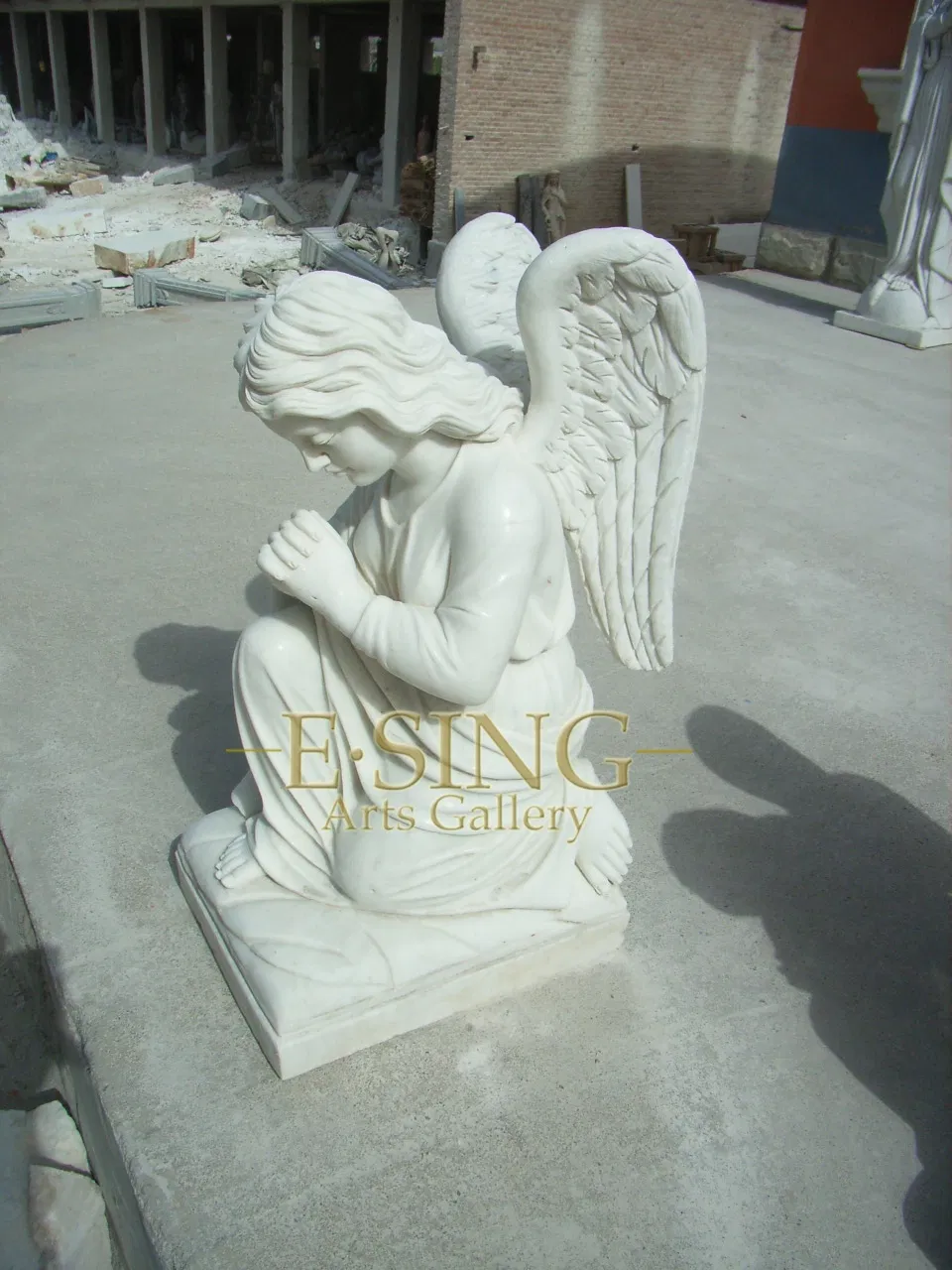 Large White Marble Kneeling Weeping Angel with Wing Headstone Statue Tombstone