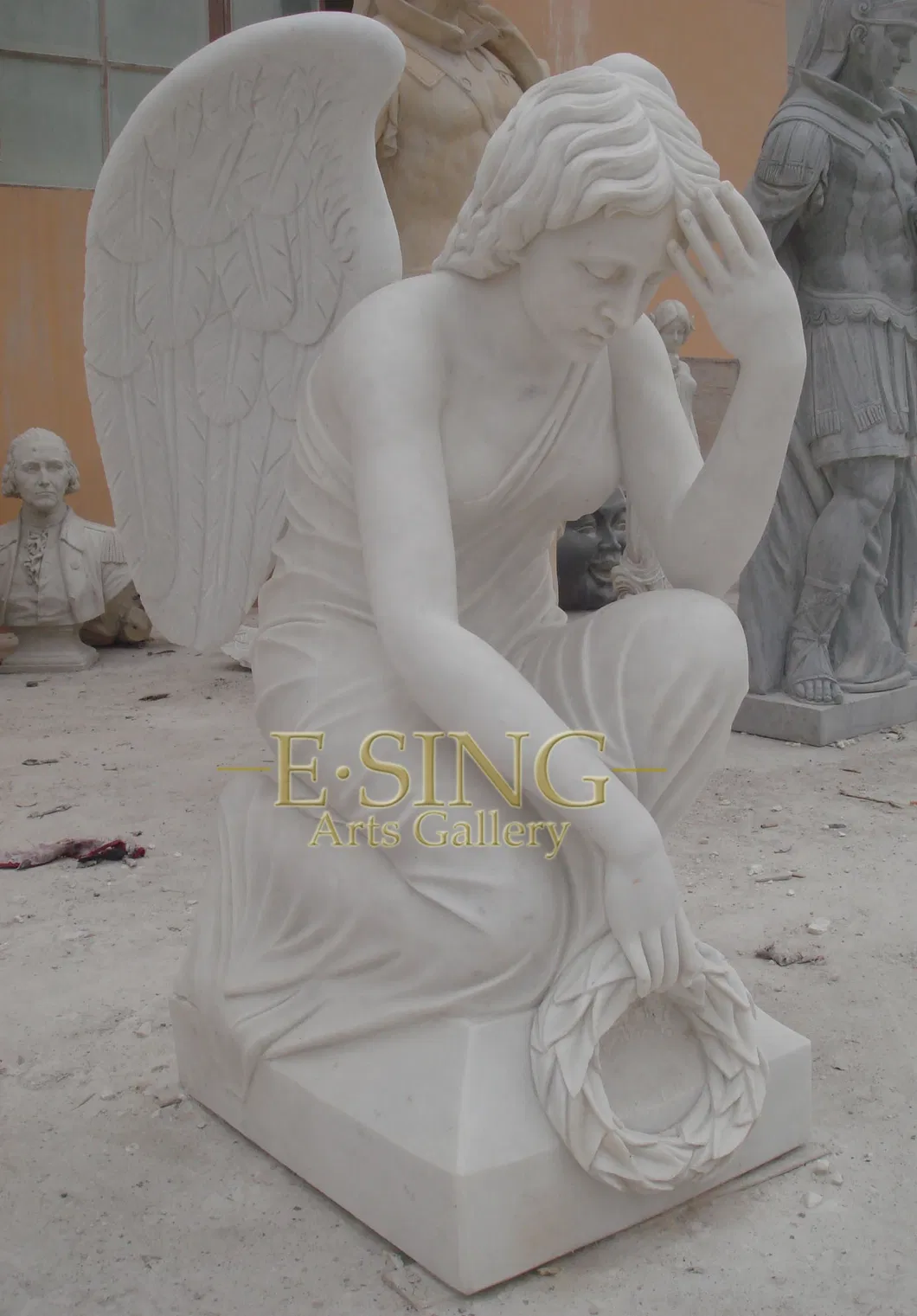 Large White Marble Kneeling Weeping Angel with Wing Headstone Statue Tombstone