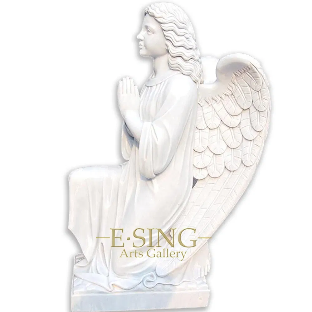 Large White Marble Kneeling Weeping Angel with Wing Headstone Statue Tombstone
