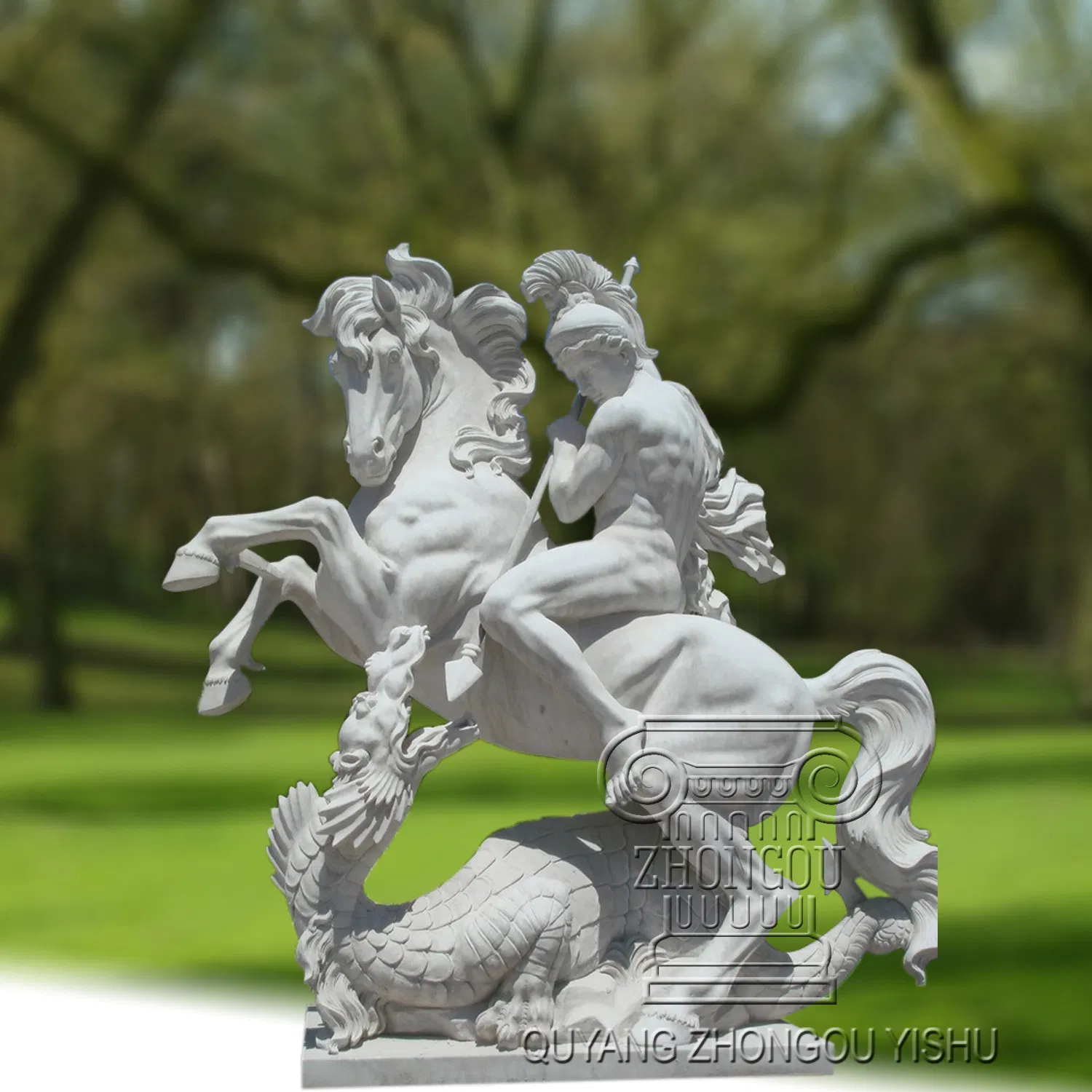 Marble Sculpture of a Soldier Riding The Horse and Evil Dragon