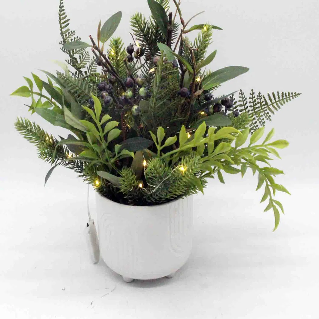 Mini Potted Plants Artificial Green Eucalyptus Boxwood Rosemary Greenery in Pots Faux Potted Herbs Small Houseplants with Lights