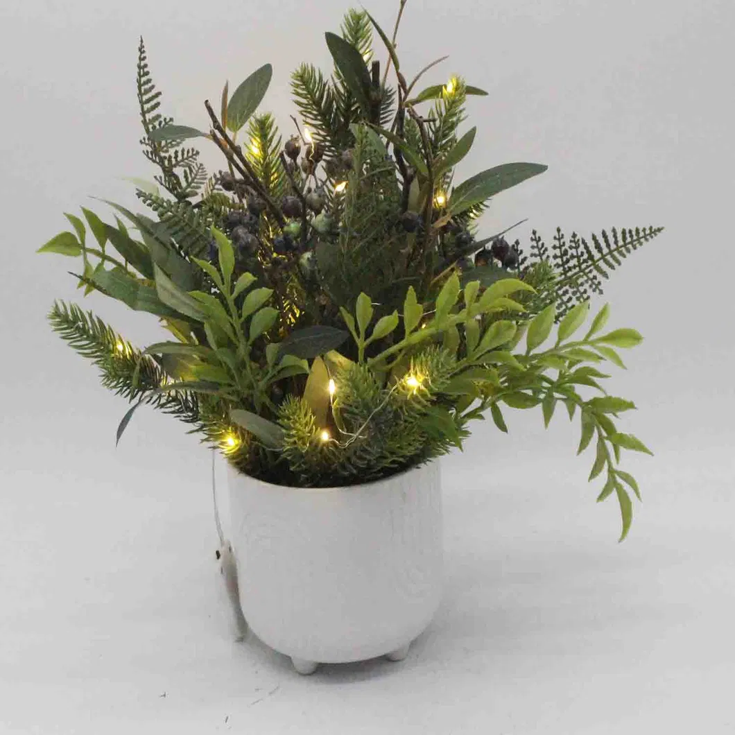 Mini Potted Plants Artificial Green Eucalyptus Boxwood Rosemary Greenery in Pots Faux Potted Herbs Small Houseplants with Lights