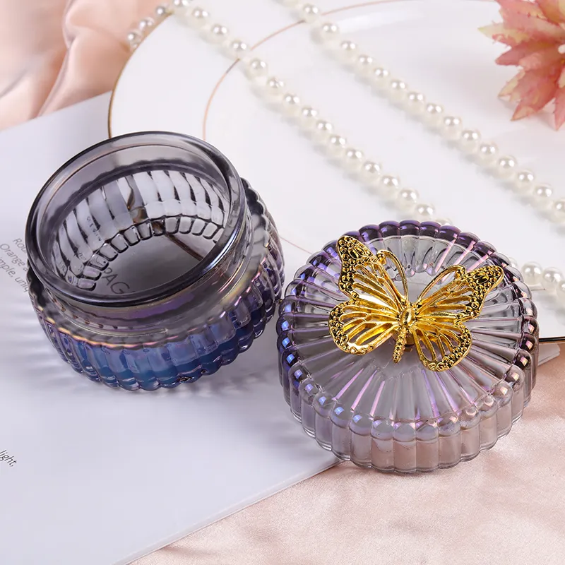 New Design High Quality Machine Made Colored Electroplating/Sprayed/Engraved Glass Candle Holder, Glass Contaiiner, Glass Candy Jar, Glass Jewel Box