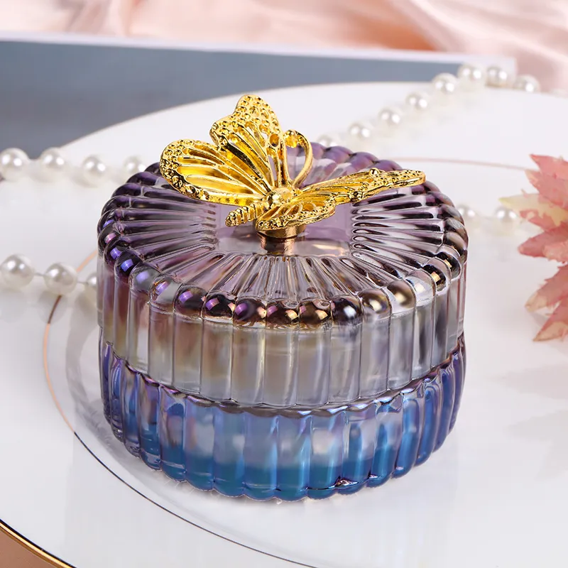 New Design High Quality Machine Made Colored Electroplating/Sprayed/Engraved Glass Candle Holder, Glass Contaiiner, Glass Candy Jar, Glass Jewel Box