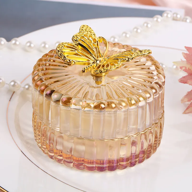 New Design High Quality Machine Made Colored Electroplating/Sprayed/Engraved Glass Candle Holder, Glass Contaiiner, Glass Candy Jar, Glass Jewel Box