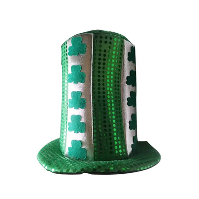 Saint Patrick′s Day Party Irish Clover Sequined Green Top Hat for Unisex