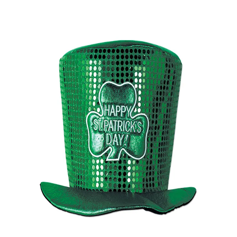 Saint Patrick′s Day Party Irish Clover Sequined Green Top Hat for Unisex