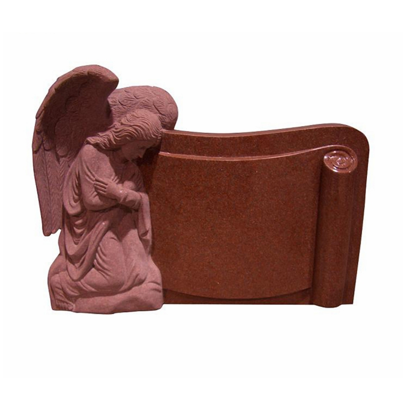 Simple Grey Marble Tombstone with White Marble Praying Angel Statues