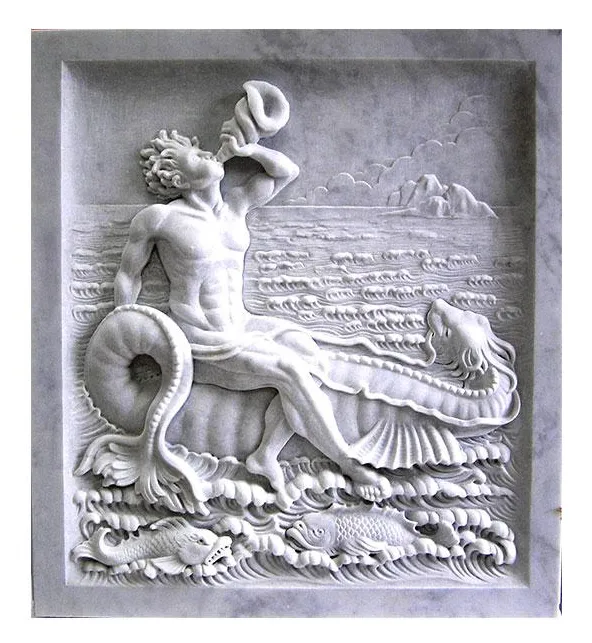 White Marble Aquare Relief Sculpture with Man and Dragon